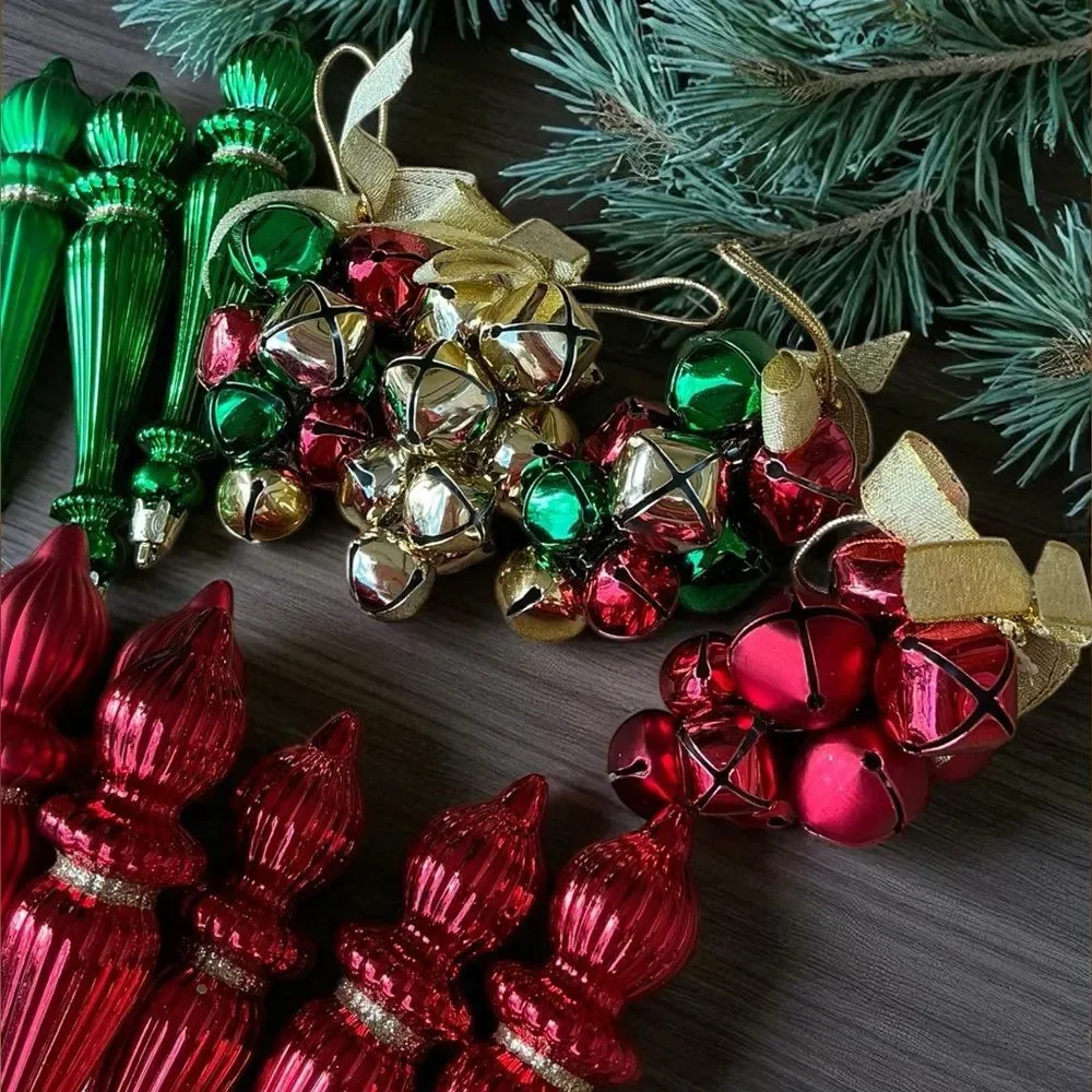 Hobby Lobby Christmas Ornament Lot 35 Red Green Bells Drums Icicles
